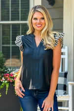 Moira Houndstooth Flutter Sleeve Faux Leather Top : Black/Cream