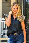 Moira Houndstooth Flutter Sleeve Faux Leather Top : Black/Cream