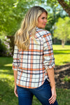Saige Button Tab Sleeve Plaid Flannel Shirt : Orange/Cream