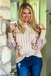 Boho Love Mixed Textile Ruffle Trimmed Sweater : Taupe