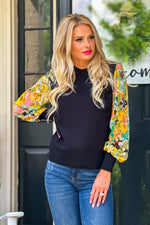 Life's A Wonderland Floral Sleeve Sweater : Black/Yellow/Green