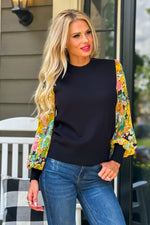 Life's A Wonderland Floral Sleeve Sweater : Black/Yellow/Green