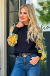 Life's A Wonderland Floral Sleeve Sweater : Black/Yellow/Green