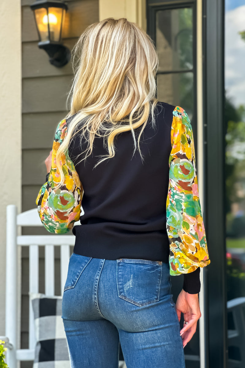 Life's A Wonderland Floral Sleeve Sweater : Black/Yellow/Green