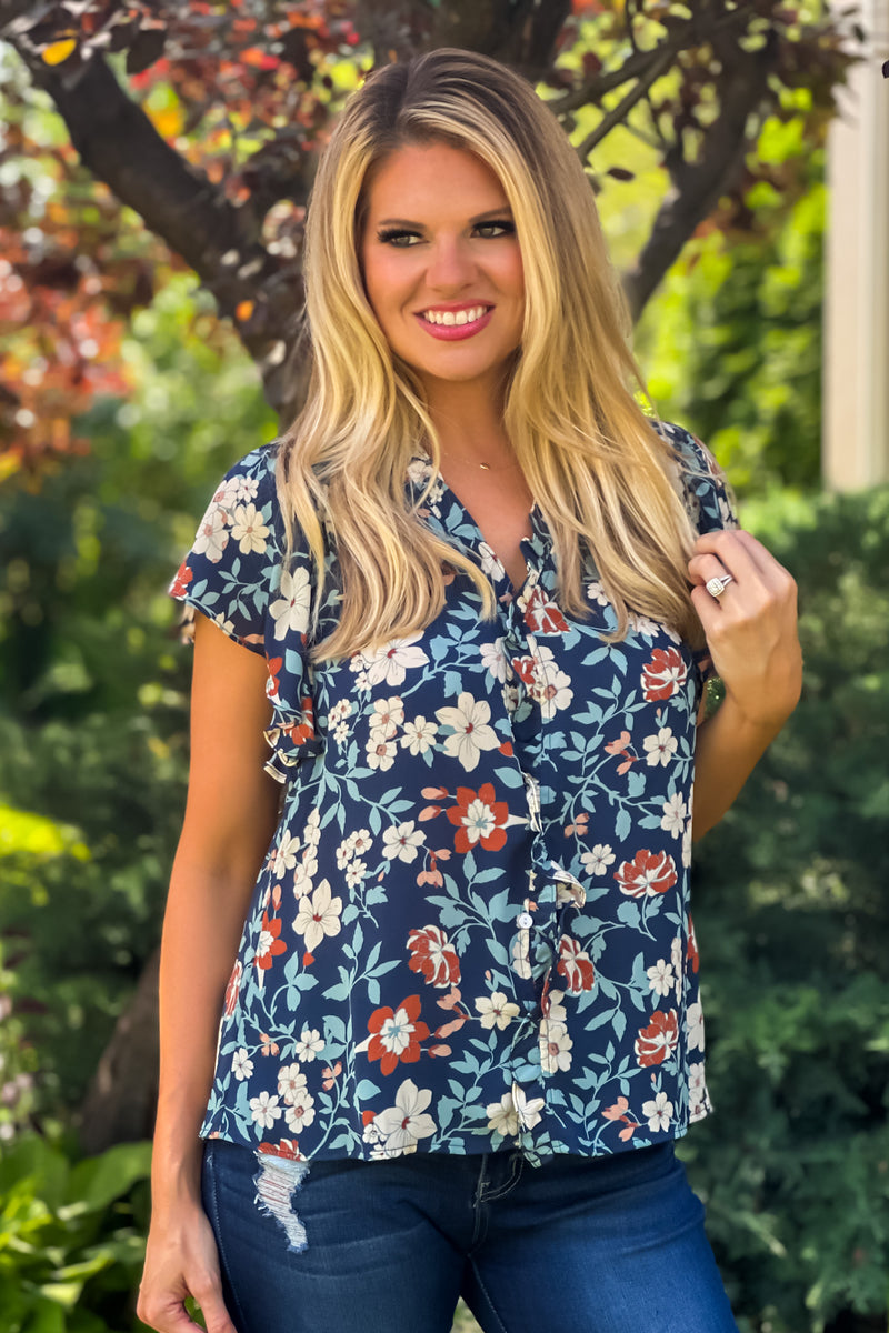 Better Than Ever Ruffle Trimmed Button Down Top : Navy Floral