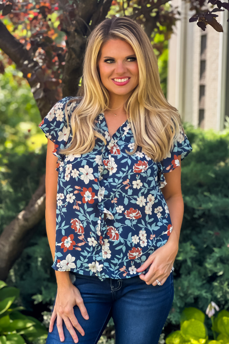 Better Than Ever Ruffle Trimmed Button Down Top : Navy Floral