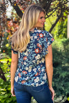 Better Than Ever Ruffle Trimmed Button Down Top : Navy Floral