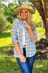 Saige Button Tab Sleeve Plaid Flannel Shirt : Light Blue/Yellow