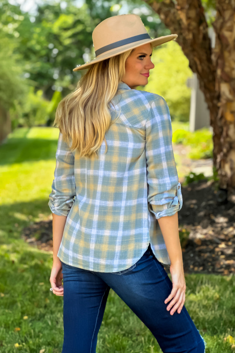 Saige Button Tab Sleeve Plaid Flannel Shirt : Light Blue/Yellow