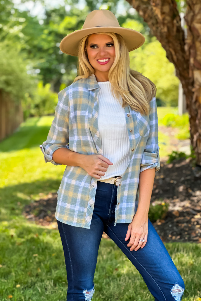 Saige Button Tab Sleeve Plaid Flannel Shirt : Light Blue/Yellow