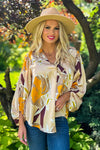 Fashionable Flair Balloon Sleeve V-Neck Blouse : Champagne/Gold/Brown