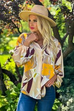 Fashionable Flair Balloon Sleeve V-Neck Blouse : Champagne/Gold/Brown