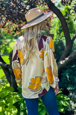 Fashionable Flair Balloon Sleeve V-Neck Blouse : Champagne/Gold/Brown