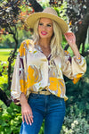 Fashionable Flair Balloon Sleeve V-Neck Blouse : Champagne/Gold/Brown