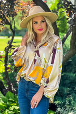 Fashionable Flair Balloon Sleeve V-Neck Blouse : Champagne/Gold/Brown