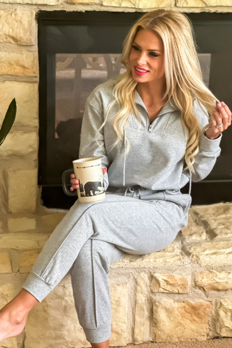 Easy Living Cropped 1/4 Zip Pullover & Track Pant Set : Grey
