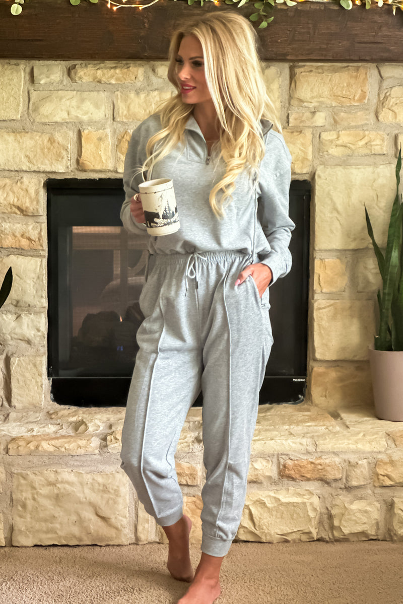 Easy Living Cropped 1/4 Zip Pullover & Track Pant Set : Grey
