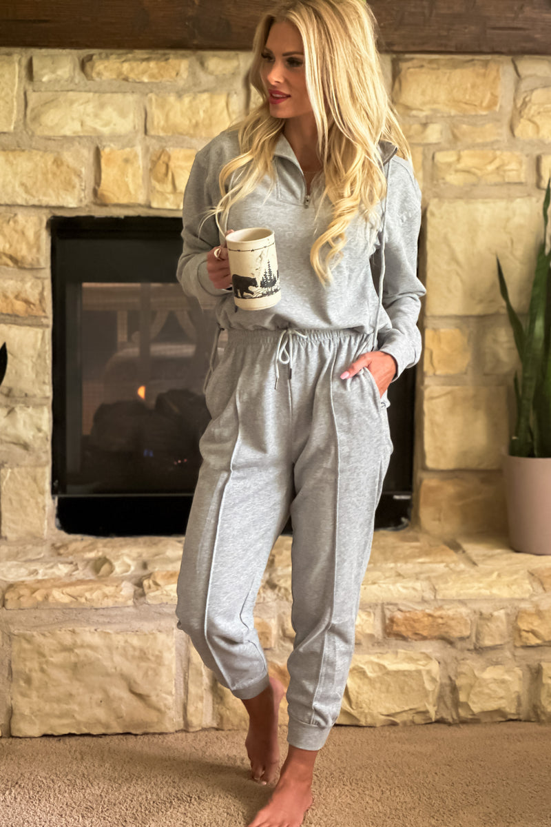 Easy Living Cropped 1/4 Zip Pullover & Track Pant Set : Grey