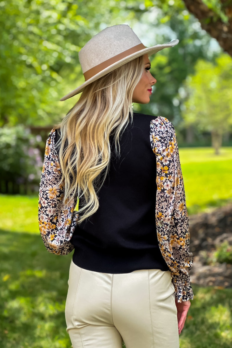 Life's A Wonderland Floral Sleeve Sweater : Black/Gold