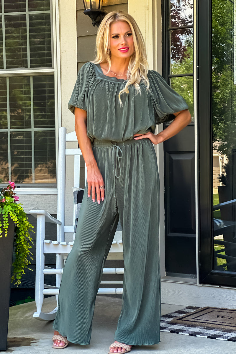 Fashion Forward Pleated Bubble Top/Pant Set : Sage - 2pc