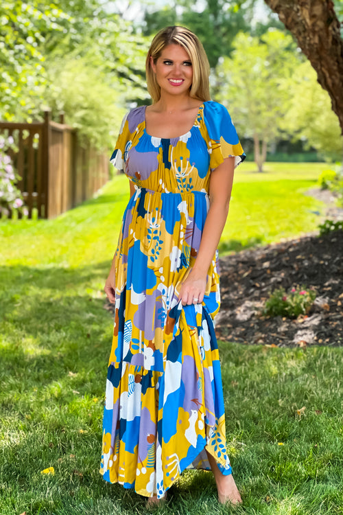 I Think I Love You Flutter Sleeve Maxi Dress : Peacock Blue/Mustard