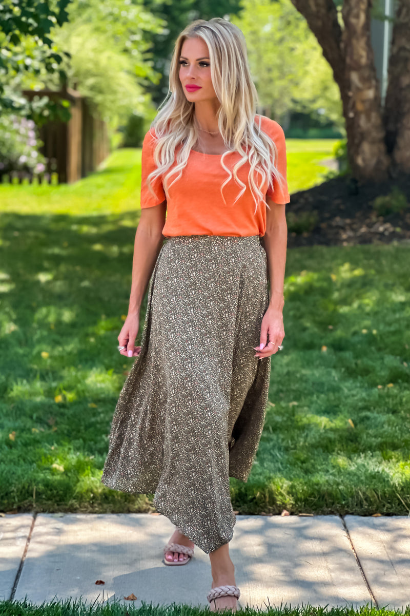 Daisy Dreams Handkerchief Midi Skirt : Olive/Rust/Ivory