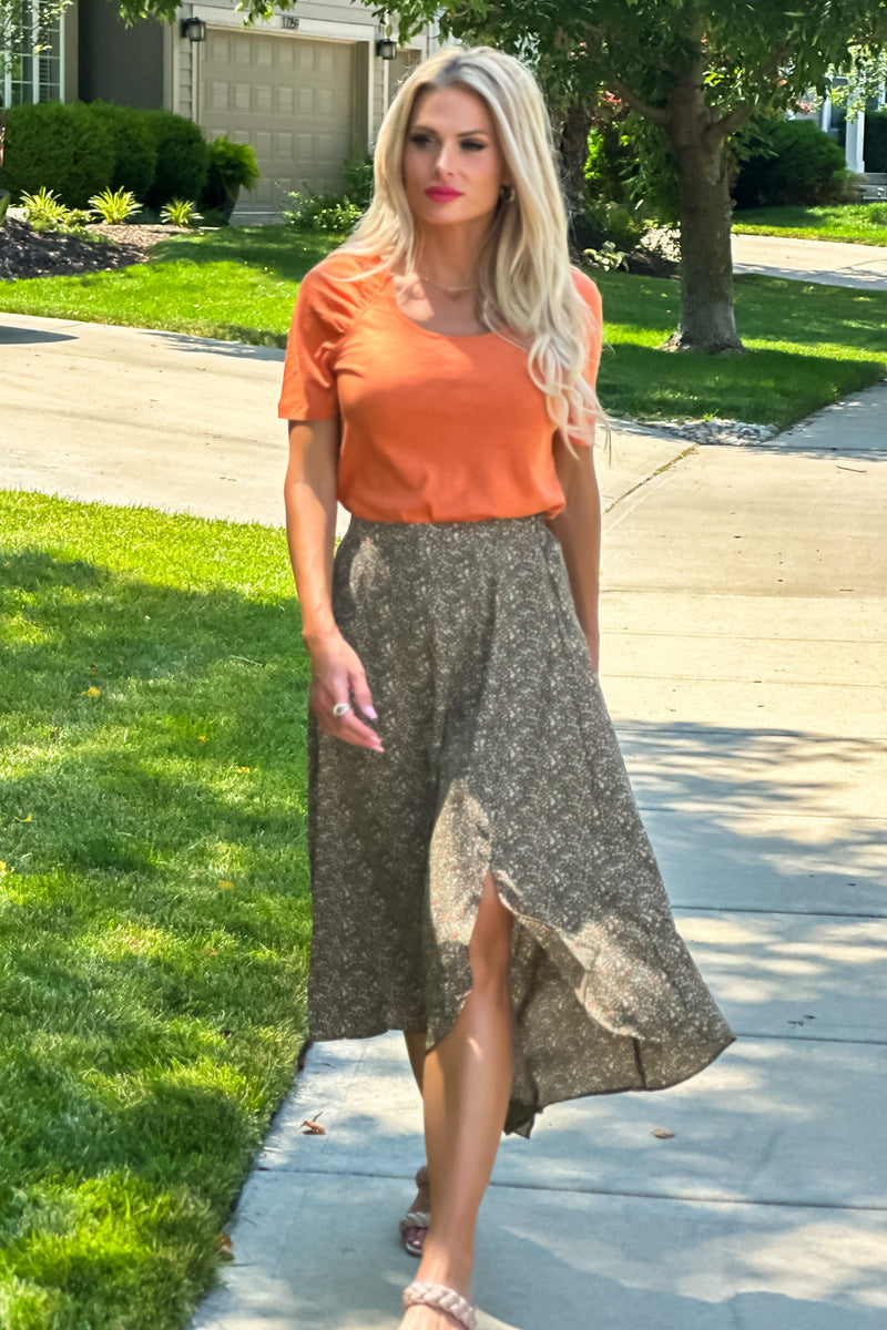 Daisy Dreams Handkerchief Midi Skirt : Olive/Rust/Ivory