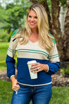 Liverpool Liv V-Neck Striped Sweater : Navy/Emerald/Cream