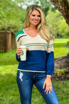 Liverpool Liv V-Neck Striped Sweater : Navy/Emerald/Cream