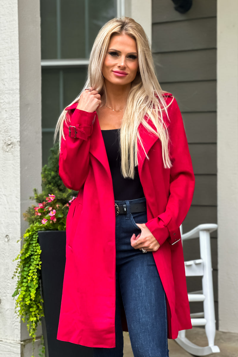 Claudia Faux Suede Belted Coat : Red