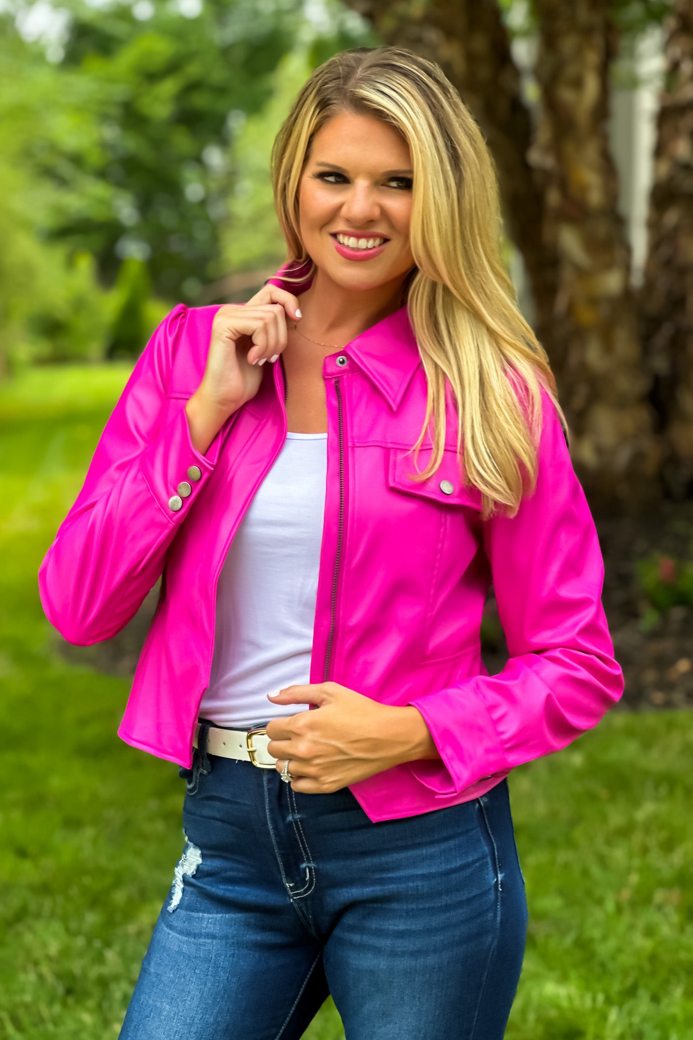 Fuchsia pink leather on sale jacket