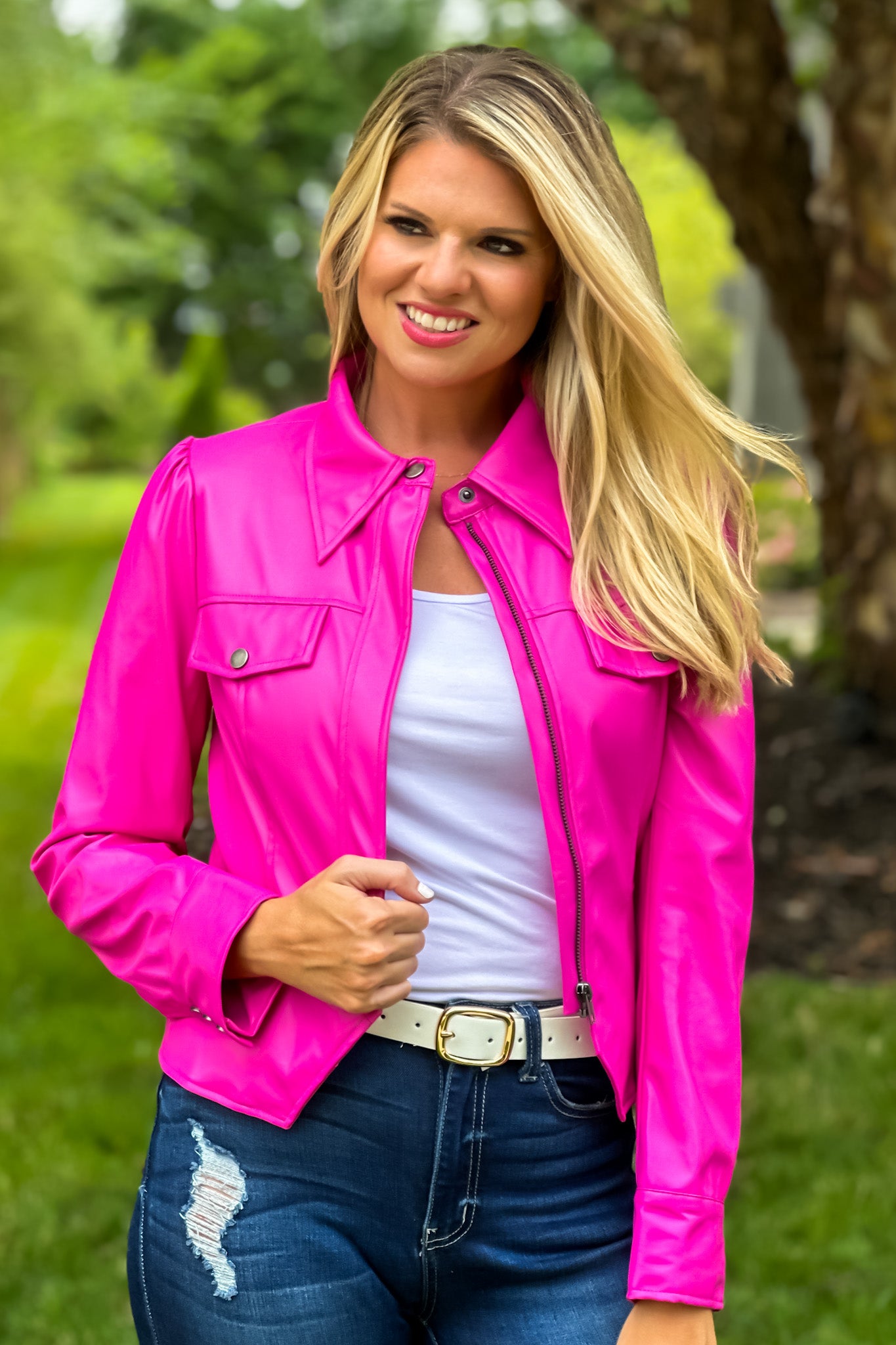 Bright pink deals leather jacket