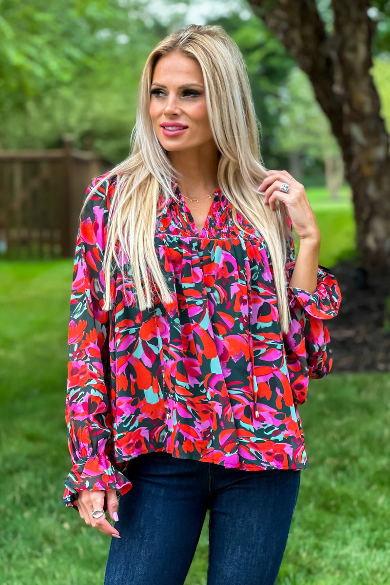 Keeps Me Happy Smocked Bubble Sleeve Blouse : Red, Black, Magenta