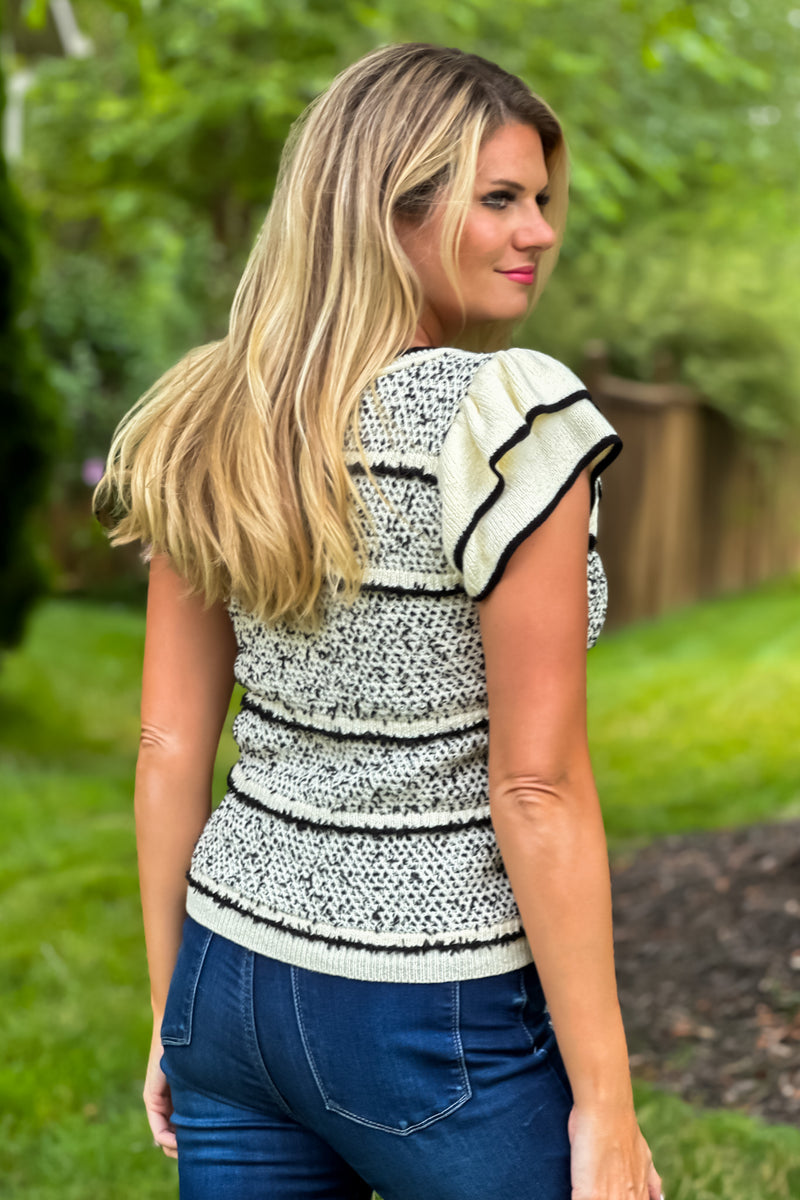 Positive Influence Ruffle Detail Knit Top : Black/Cream