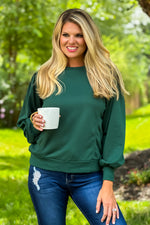 Autumn Love Balloon Sleeve Terry Knit Pullover : Hunter Green