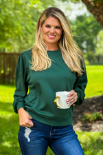 Autumn Love Balloon Sleeve Terry Knit Pullover : Hunter Green
