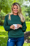 Autumn Love Balloon Sleeve Terry Knit Pullover : Hunter Green