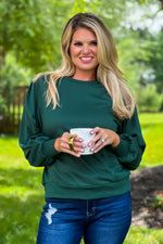 Autumn Love Balloon Sleeve Terry Knit Pullover : Hunter Green