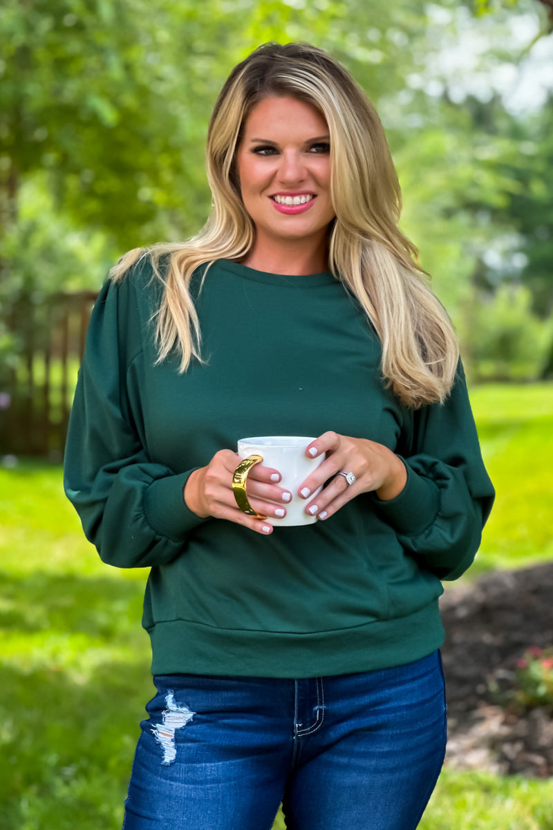 Autumn Love Balloon Sleeve Terry Knit Pullover : Hunter Green