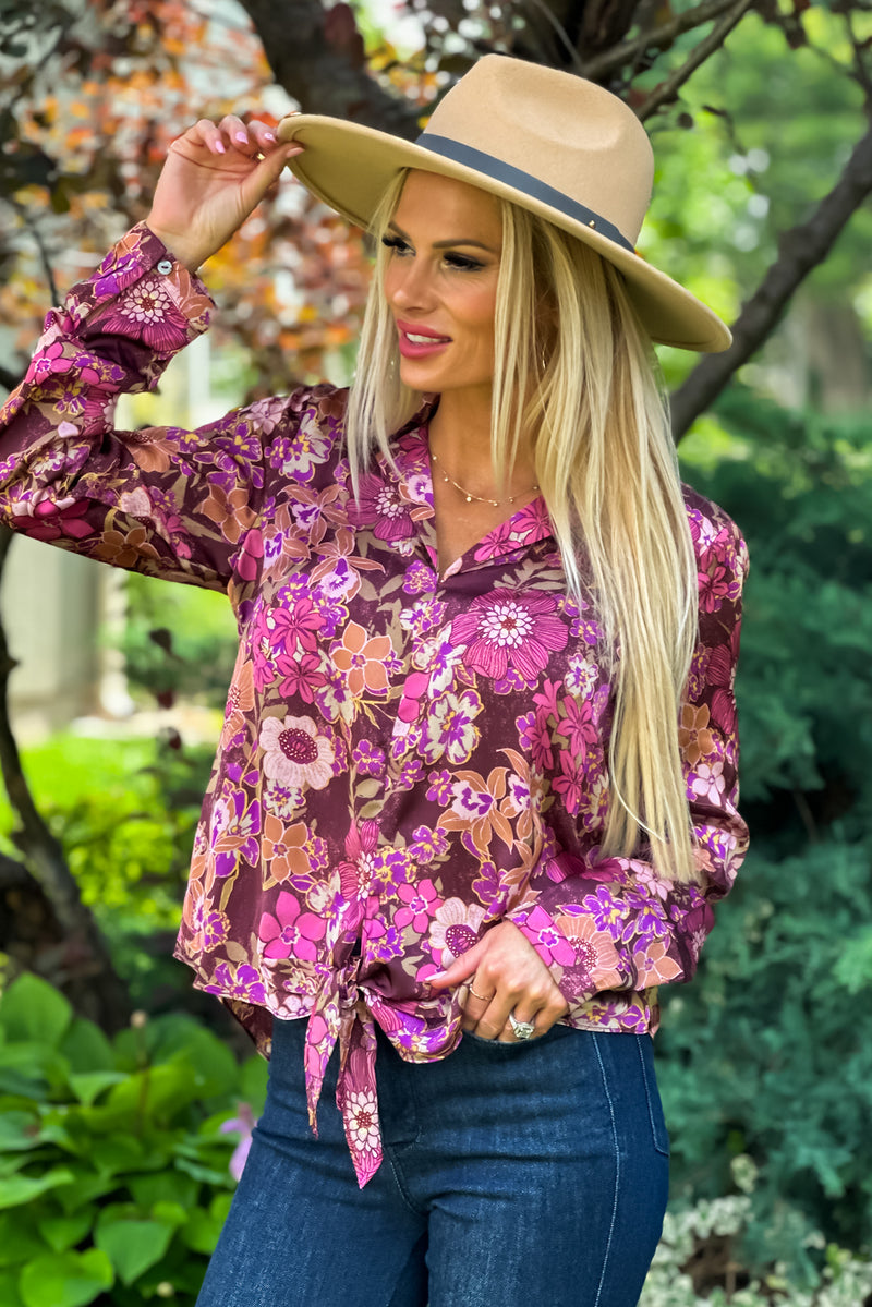 Beyond A Memory Front Tie Satin Shirt : Merlot Floral