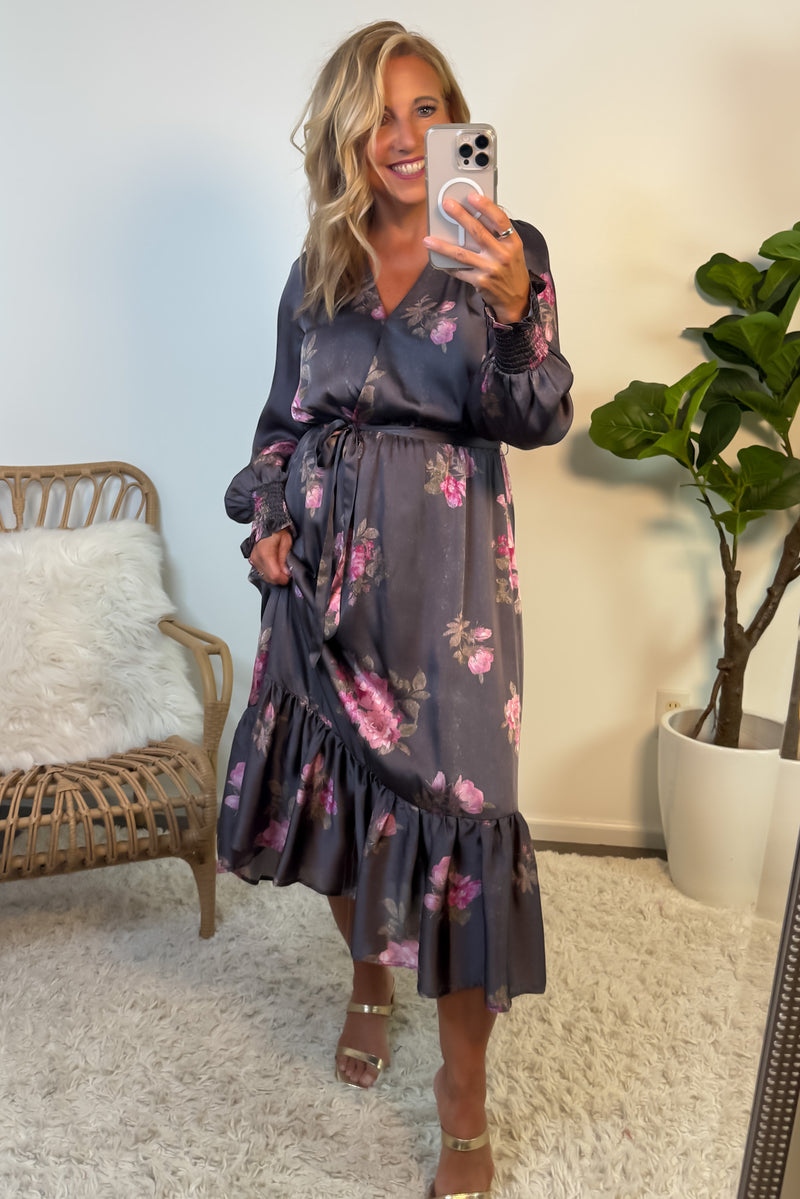Olivette Surplice Neck Midi Dress : Charcoal