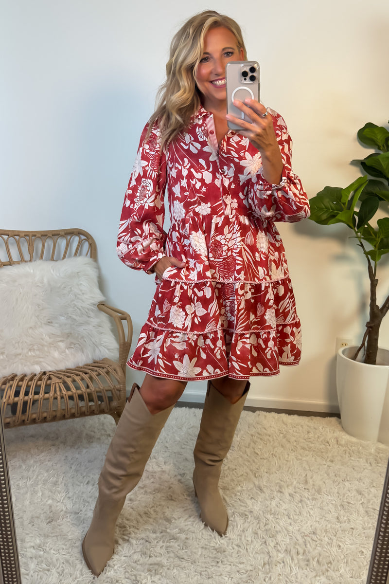 Katlynne Floral Print Tiered Dress : Brick