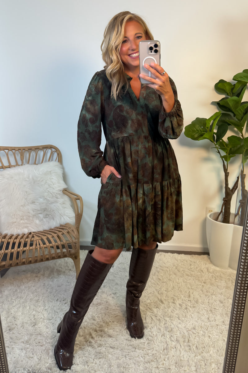 Knoxlee V neck Printed Dress : Olive