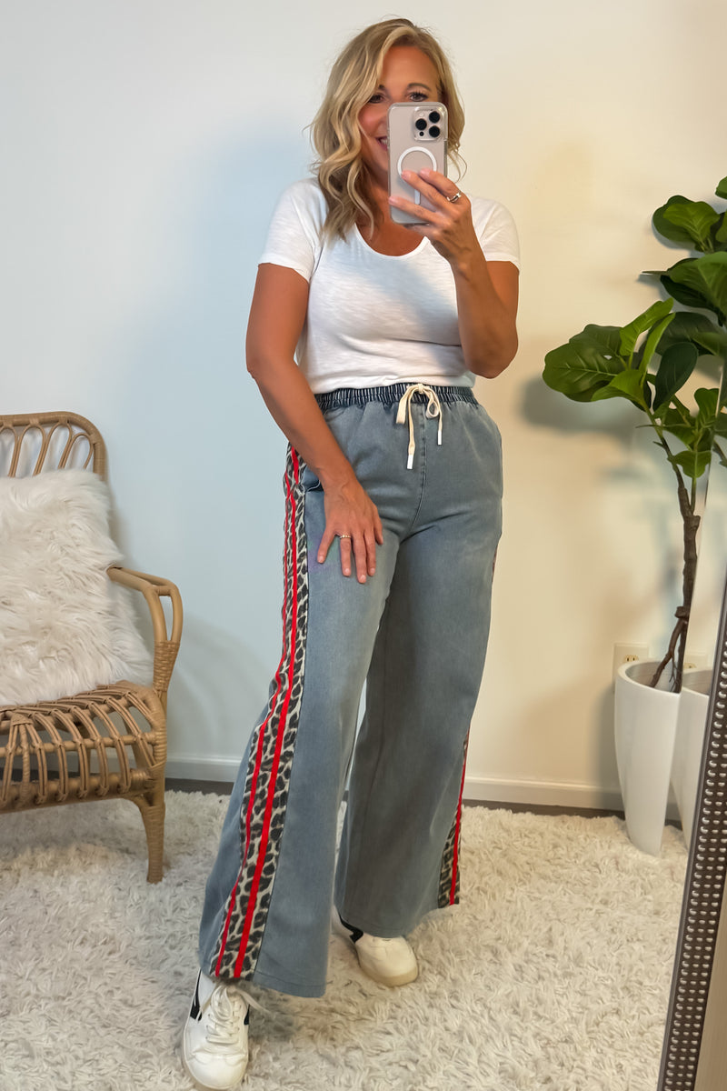 Jodifl Lilijana Leopard Accent Striped Jean : Red/Denim