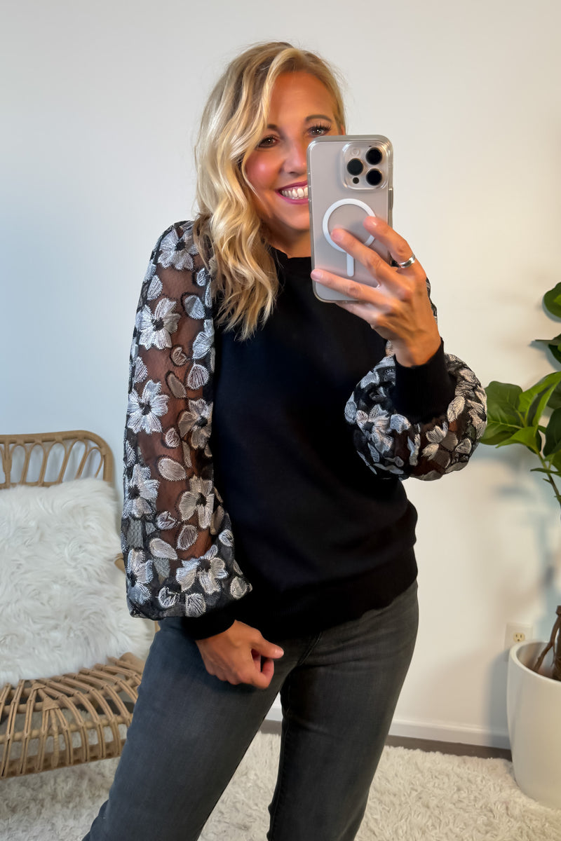 Liesel Embroidered Sleeve Crew Sweater : Black