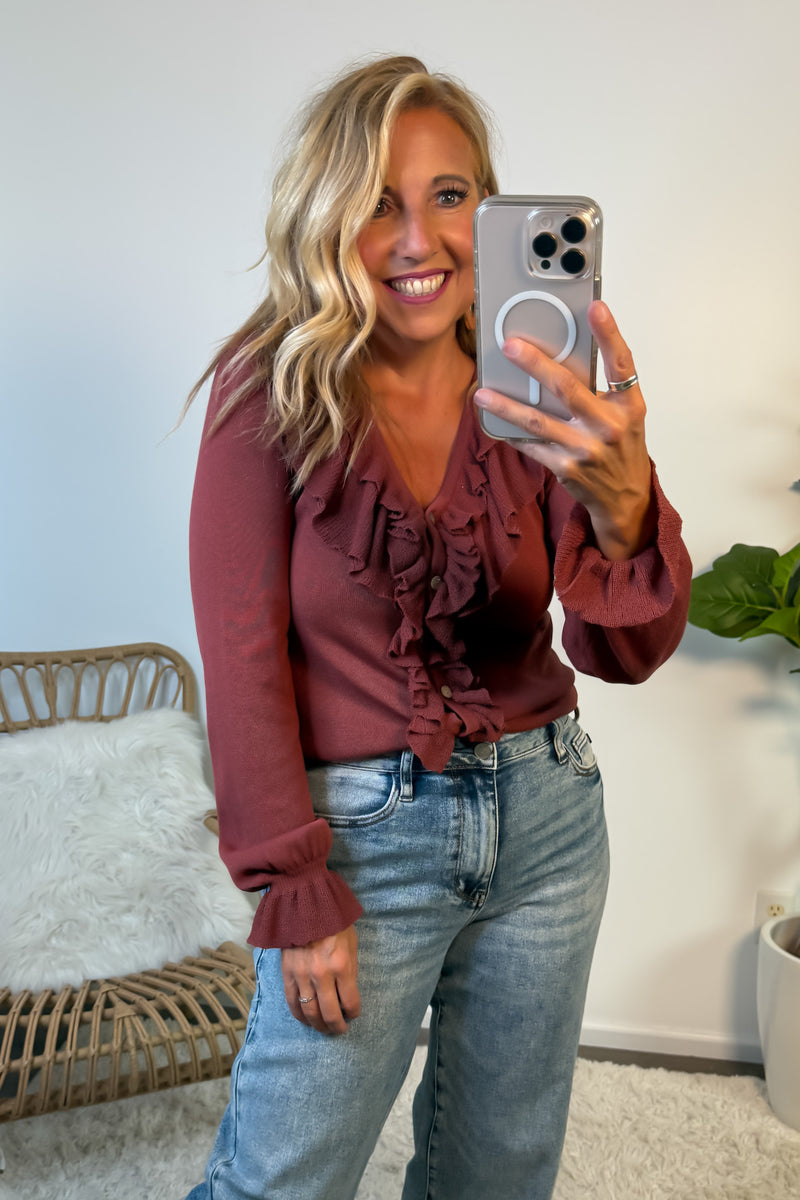 Kirrily Ruffle Contrast Fine Gauge Top : Rust Maroon