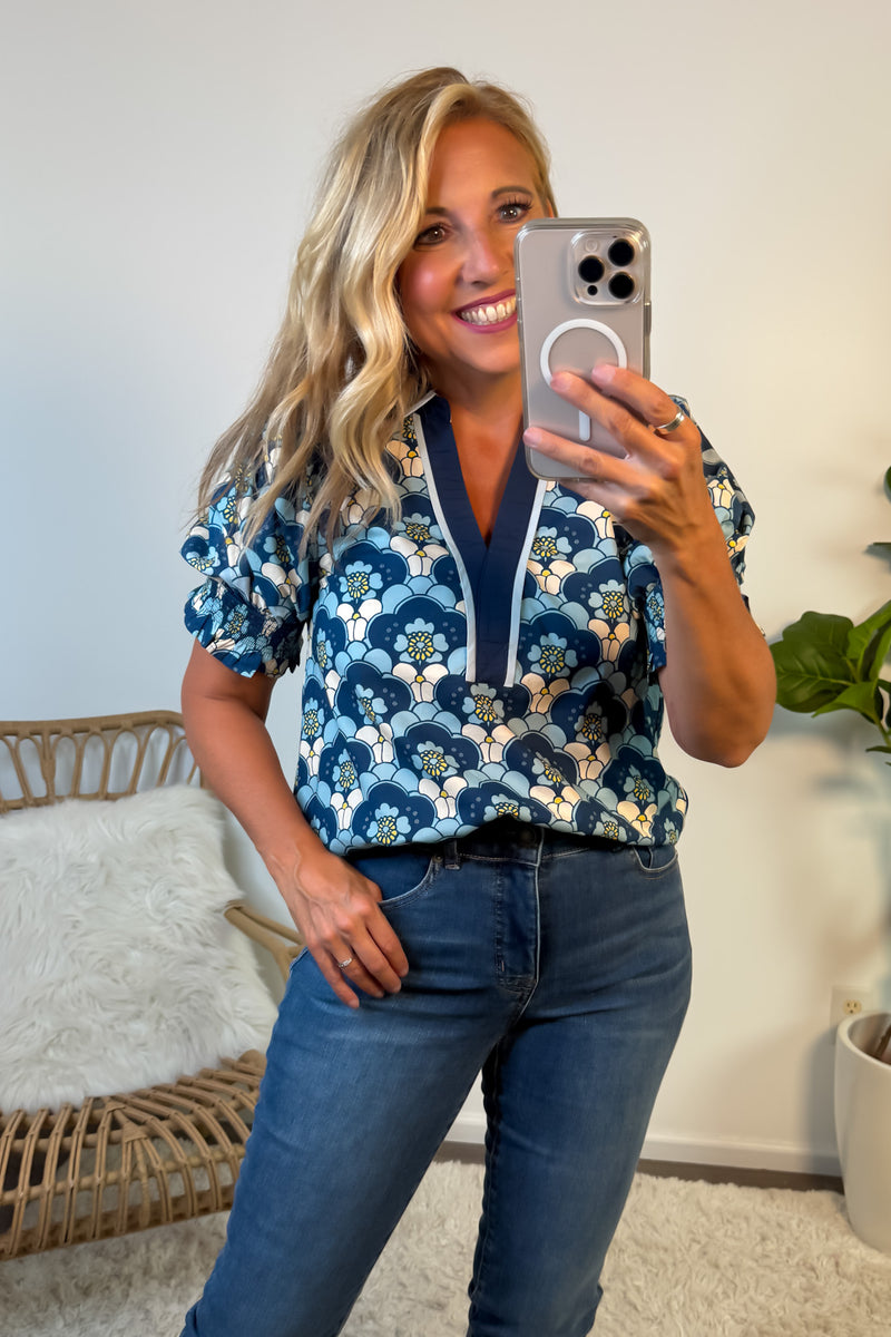 Kylah Bubble Sleeve Printed Blouse : Navy
