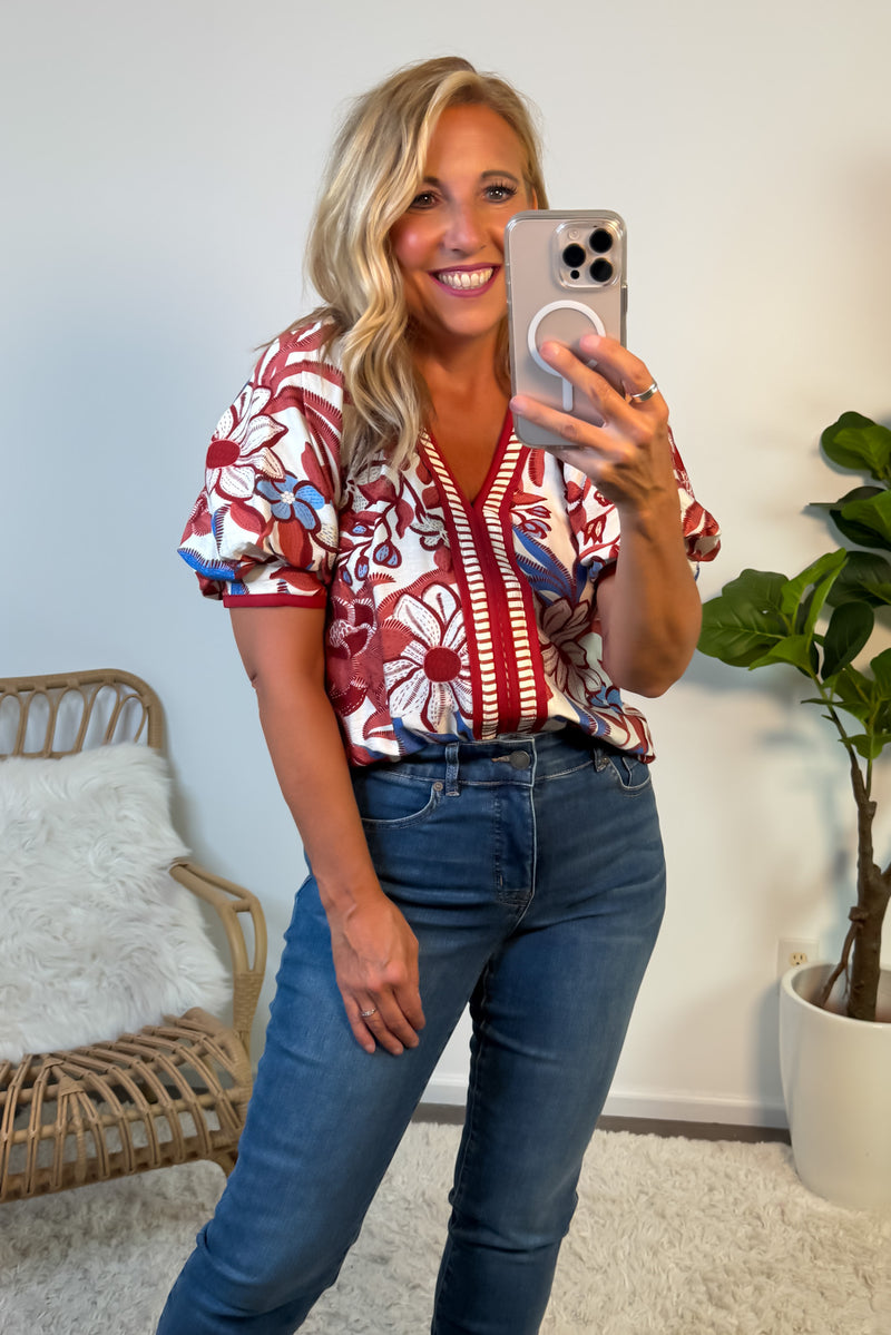 Kieryn Printed Banded Sleeve Blouse : Red Bean
