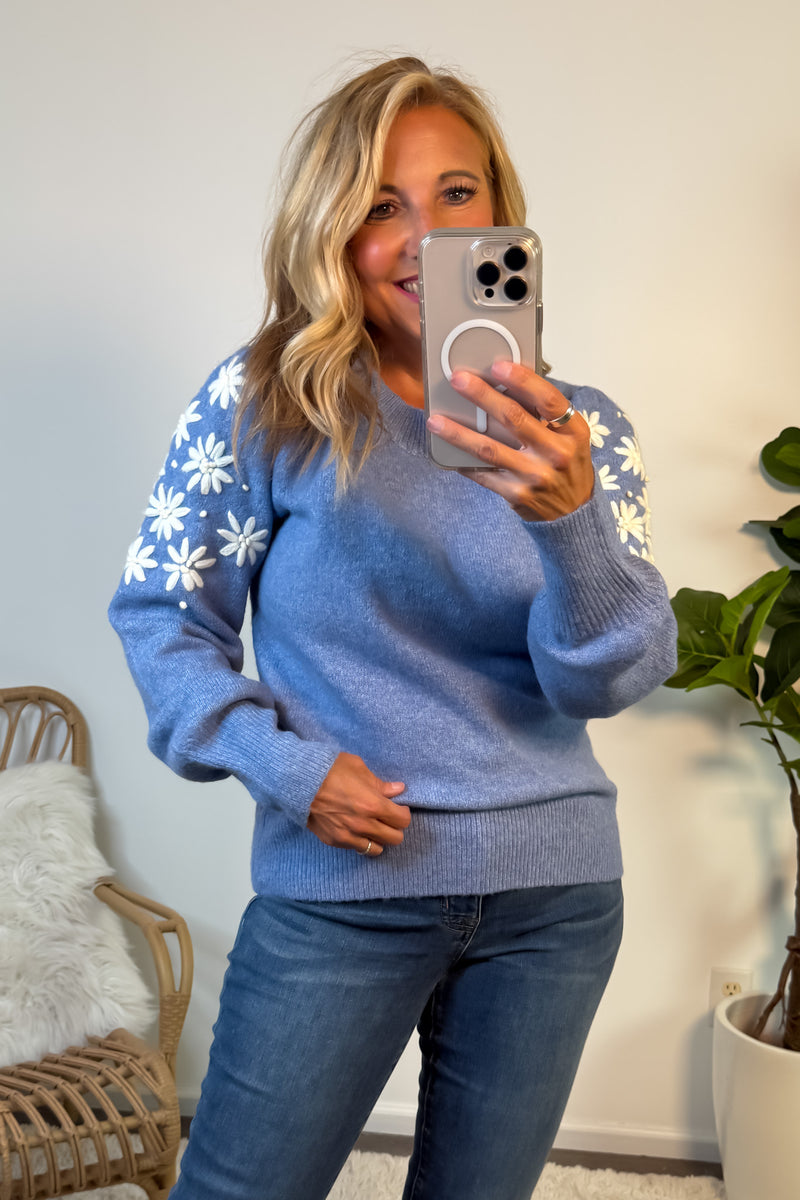 Kendy Embroidered Bubble Sleeve Sweater : Frost Blue