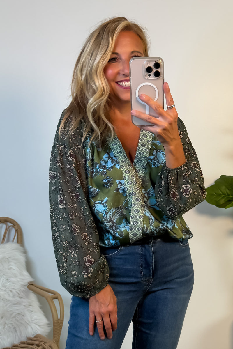 Kendall Mixed Print Blouse : Green Mix